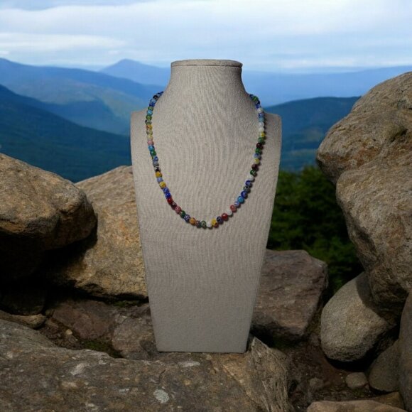 Necklace Signed Brielle Art Glass Multicolored Beaded Gold Tone Chain 17" Unique - Picture 3 of 16